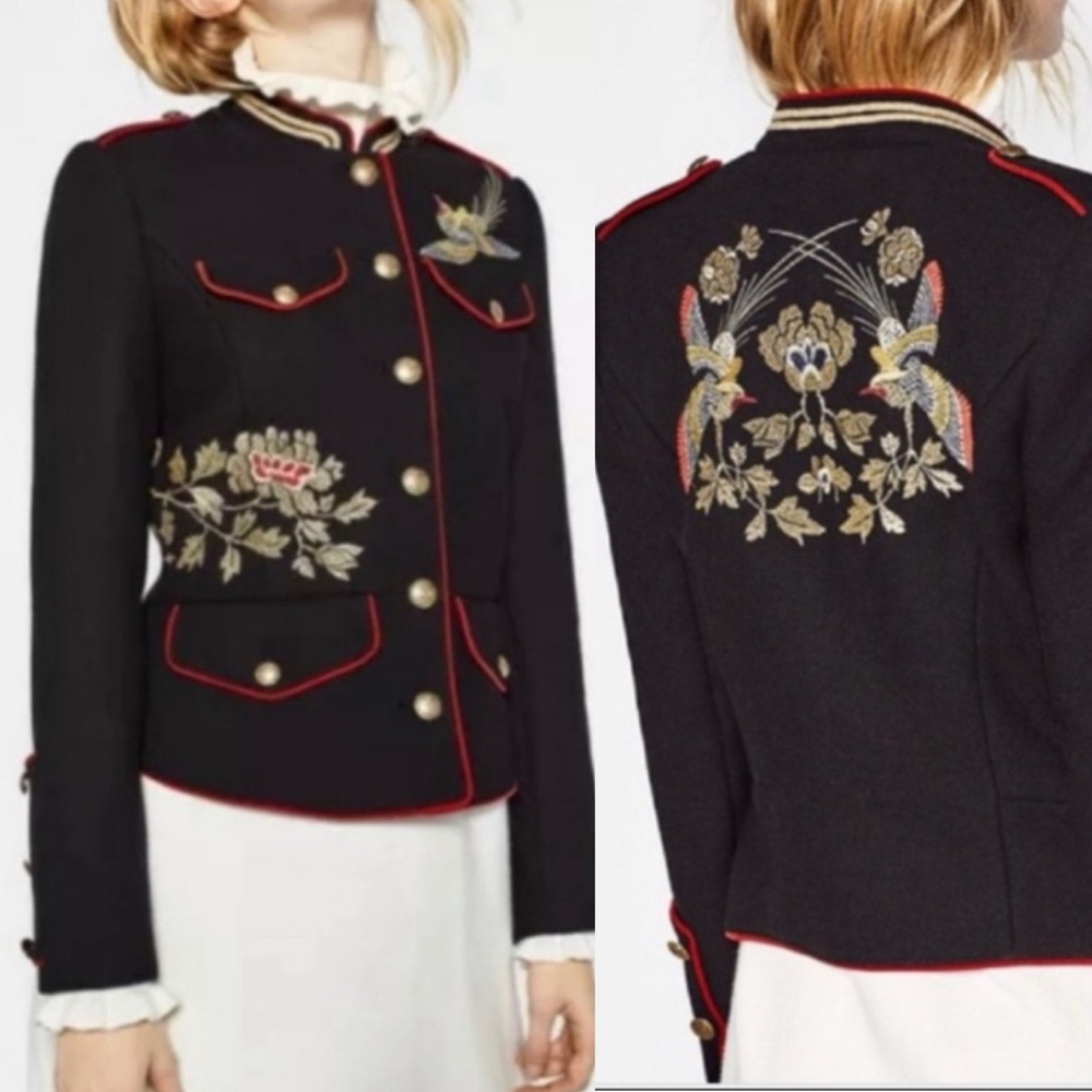 ZARA Black Embroidered Floral Bird Asian Print Military Jacket - Picture 1 of 16